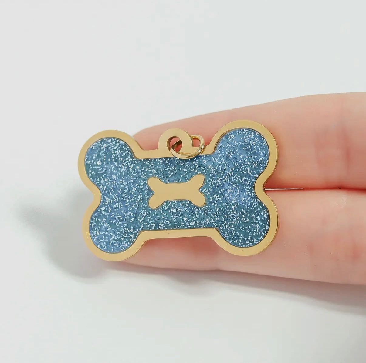 Hundeknochenanhänger aus Edelstahl, 18K Gold / glitzerndem Epoxidharz