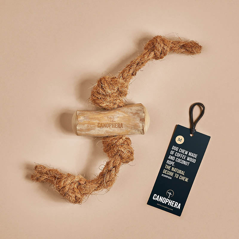 Hundekauspielzeug aus Kaffeeholz und Kokosseil