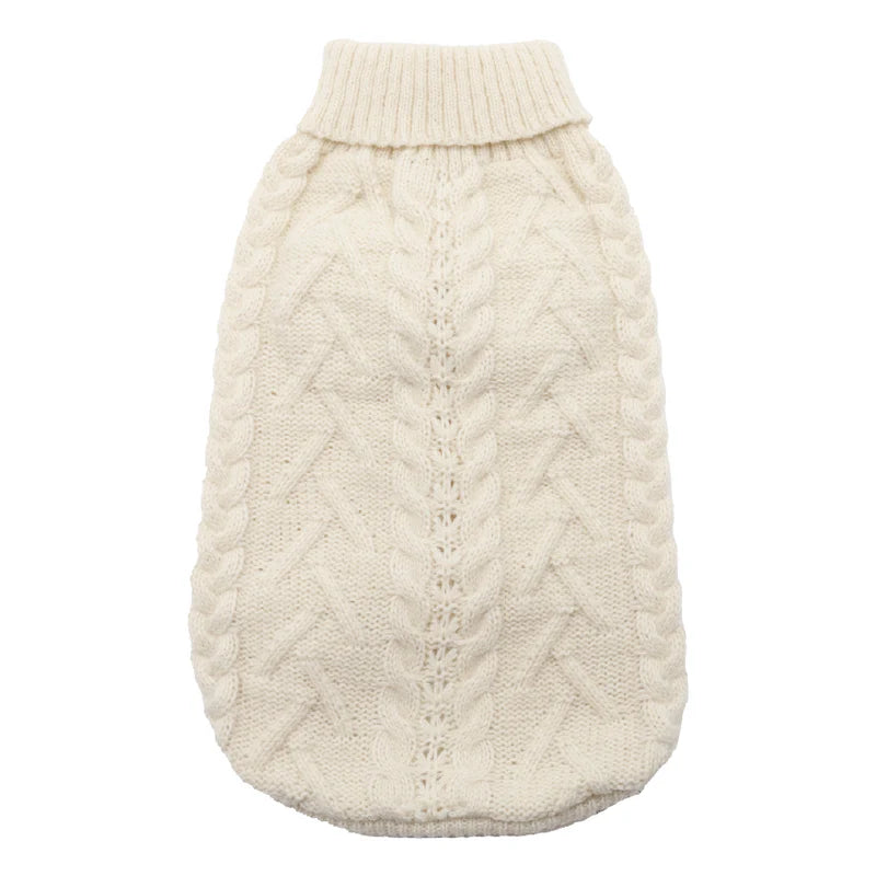 Weißer Zopfpullover für Hunde mit Rollkragen